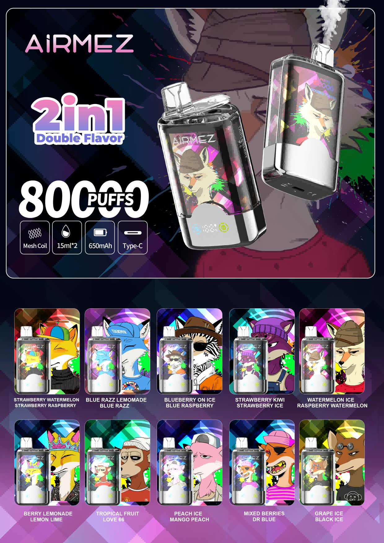 Airmez Fox 80K 80000 slukkos 2 az 1-ben eldobható vape