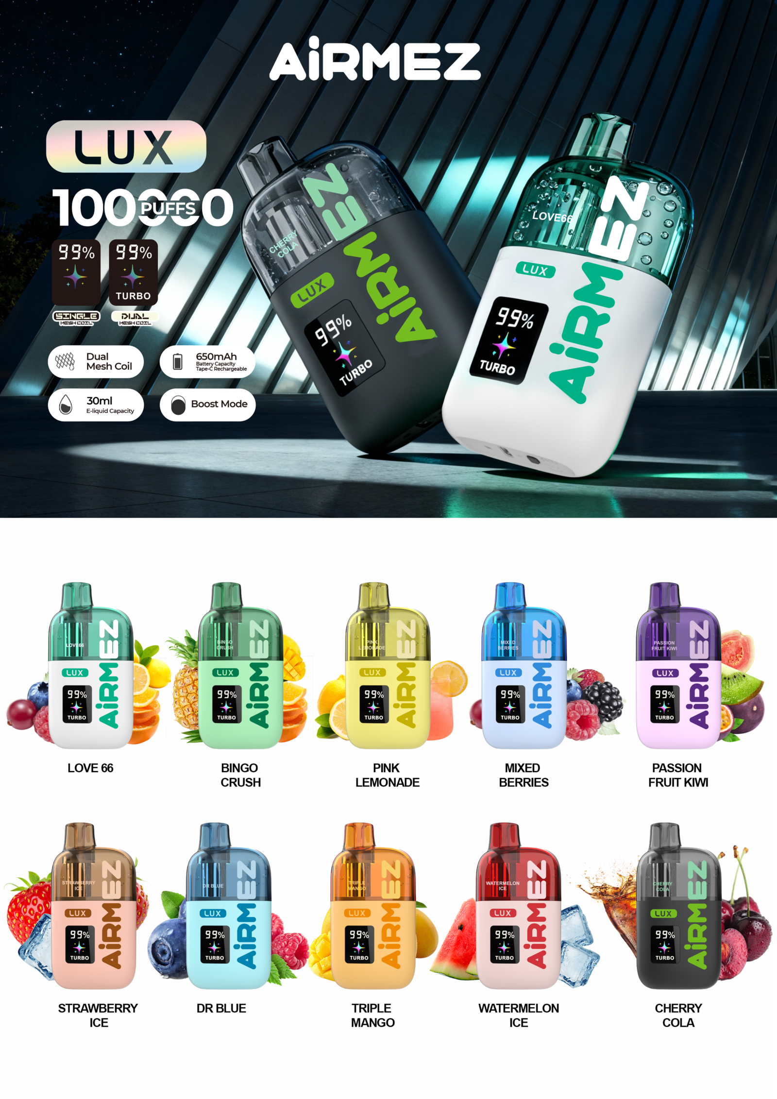 Airmez Lux 100K Dual Mesh Coil Smart LED kijelző