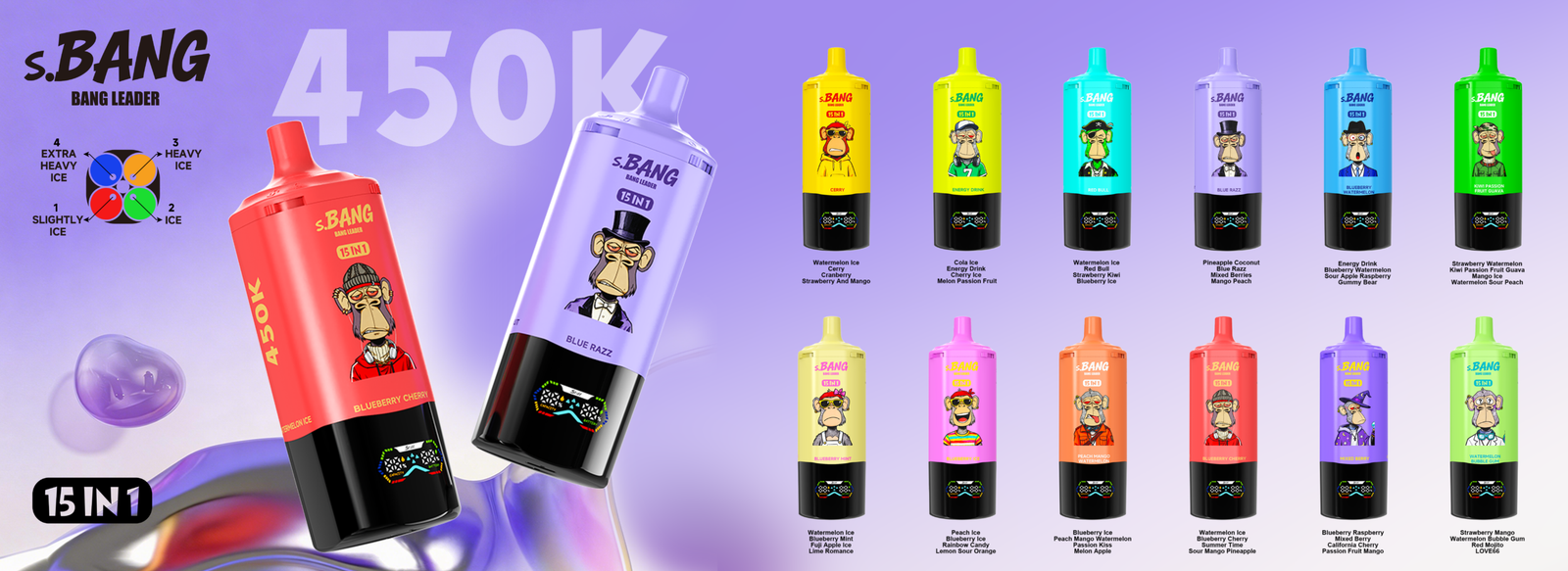 Bang Leader 450K – 15 íz 1-ben, újratölthető eldobható vape, 450 000 slukk, állítható jéghatással és LED kijelzővel
